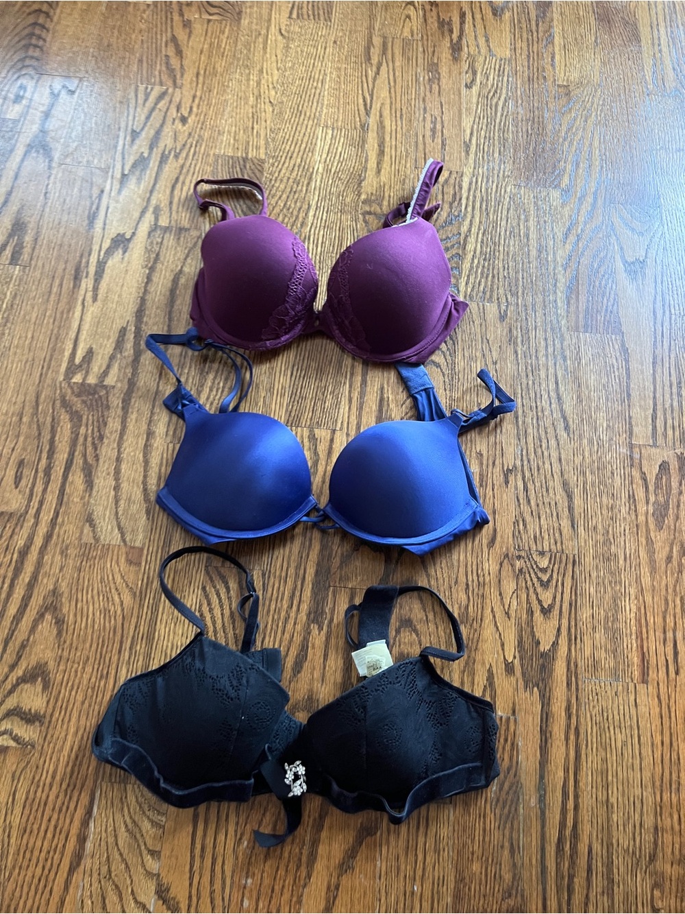 intimissimi Three-Bra Set in Burgundy, Blue and Black